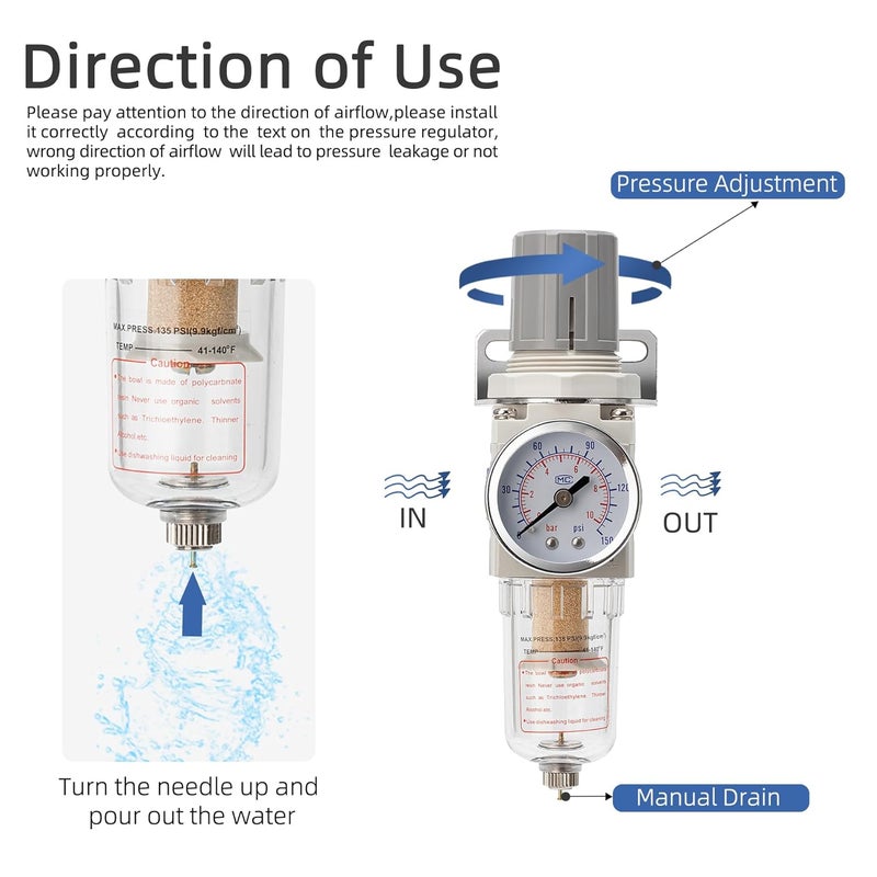 LNCHKA Pneumatic Air Compressor Filter Regulator Combo 1/4" NPT 150 PSI w/Adjustable Gauge-Water Separator,Metal Bracket,Manual Drain,5 Micron Brass Cartridge - Image 5